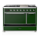 ILVE UM48FQNR3EGCLP Majestic III 48 inch Dual Fuel Range with 8 Burners and Griddle, Dual Function Burner up to 25,000 BTU (Liquid Propane, Solid Door, Emerald Green, Chrome)