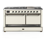 ILVE UM60FQNR3AWB Majestic III 60 inch Dual Fuel Range with 9 Burners and Griddle, Dual Function Burner up to 25,000 BTU (Natural Gas, Solid Door, Antique White, Burnished)