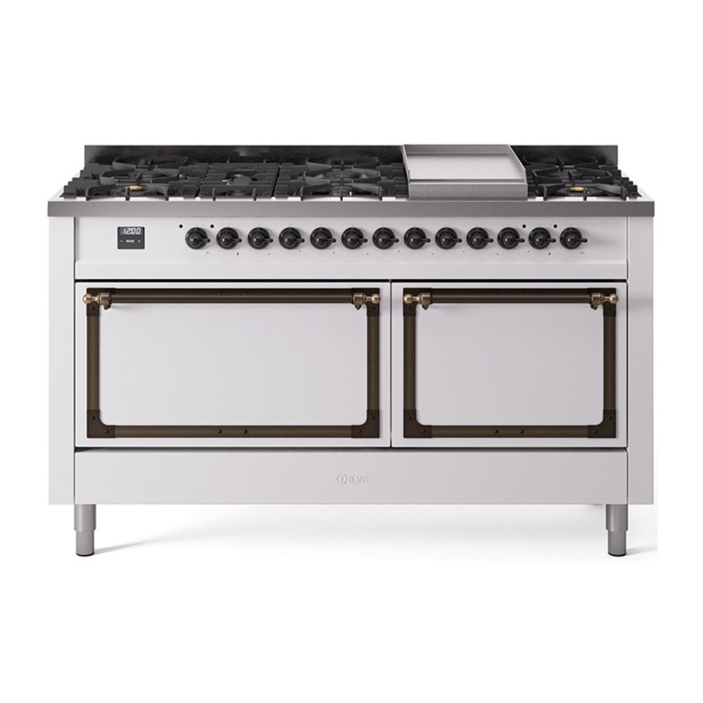 ILVE UN60FQNMPWHB Nostalgie II Noblesse 60 inch Dual Fuel Range (9 Sealed Burners + Griddle, Natural Gas, Solid Door, White, Burnished)