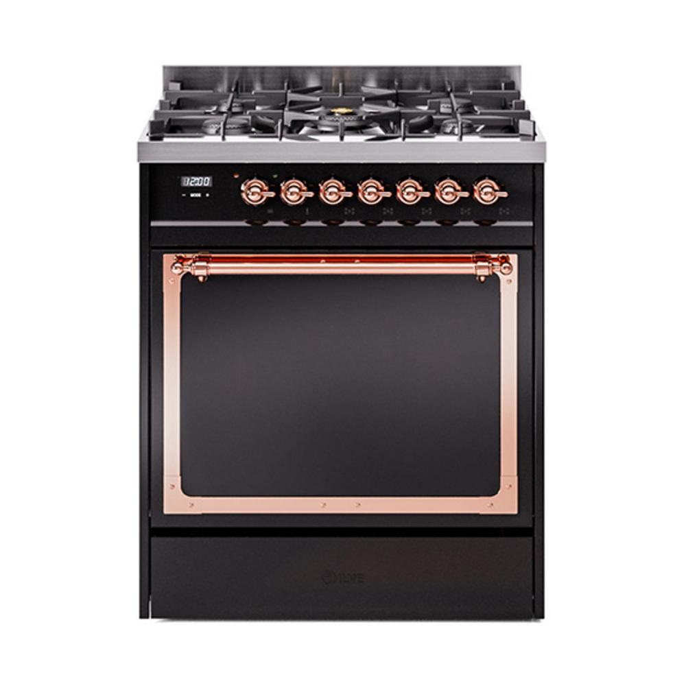 ILVE UN30QNMPBKP Nostalgie II Noblesse 30 inch Dual Fuel Range (Natural Gas, Solid Door, Glossy Black, Copper)