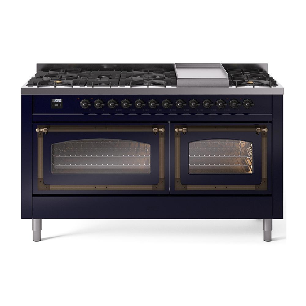 ILVE UN60FNMPMBBLP Nostalgie II Noblesse 60 inch Dual Fuel Range (9 Sealed Burners + Griddle, Liquid Propane, Triple Glass Door, Midnight Blue, Burnished)