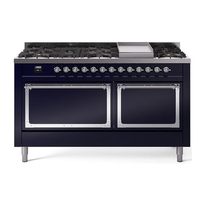 ILVE UN60FQNMPMBC Nostalgie II Noblesse 60 inch Dual Fuel Range (9 Sealed Burners + Griddle, Natural Gas, Solid Door, Midnight Blue, Chrome)
