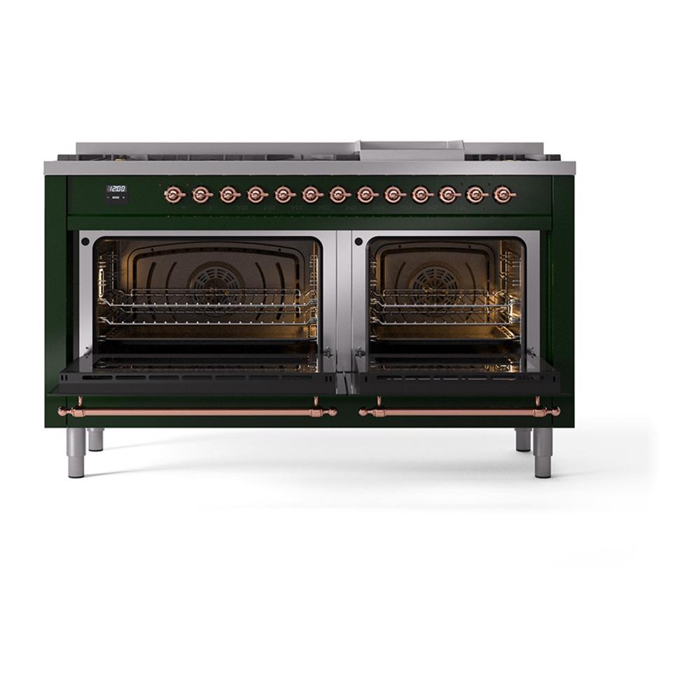 ILVE UN60FNMPEGPLP Nostalgie II Noblesse 60 inch Dual Fuel Range (9 Sealed Burners + Griddle, Liquid Propane, Triple Glass Door, Emerald Green, Copper)