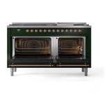 ILVE UN60FNMPEGPLP Nostalgie II Noblesse 60 inch Dual Fuel Range (9 Sealed Burners + Griddle, Liquid Propane, Triple Glass Door, Emerald Green, Copper)