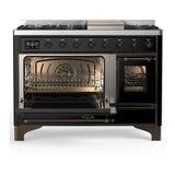 ILVE UM48FNR3BKB Majestic III 48 inch Dual Fuel Range with 8 Burners and Griddle, Dual Function Burner up to 25,000 BTU (Natural Gas, Triple Glass Door, Glossy Black, Burnished)