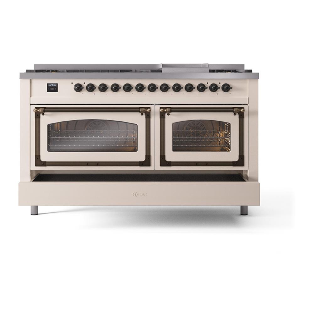 ILVE UN60FNMPAWB Nostalgie II Noblesse 60 inch Dual Fuel Range (9 Sealed Burners + Griddle, Natural Gas, Triple Glass Door, Antique White, Burnished)
