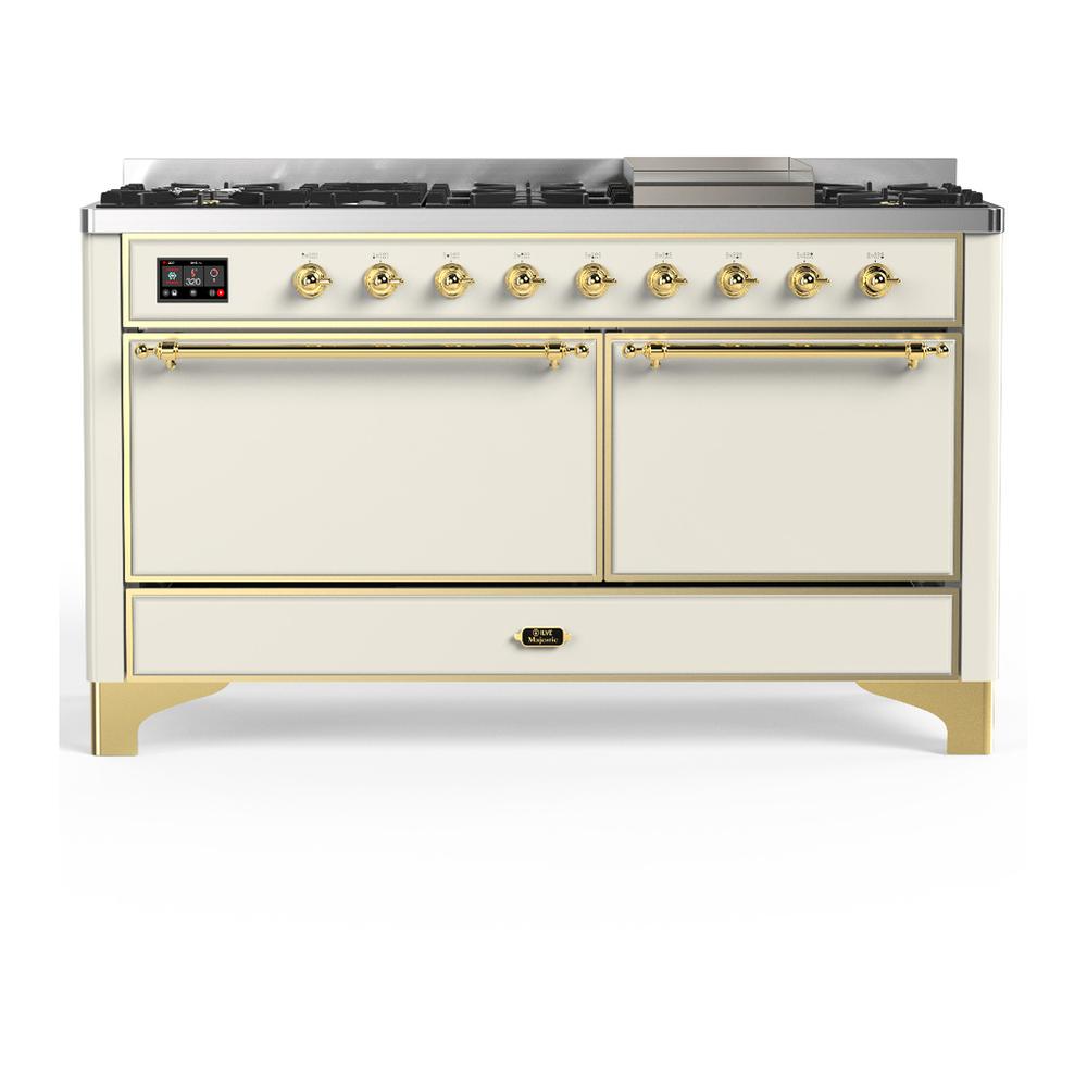 ILVE UM60FQNR3AWG Majestic III 60 inch Dual Fuel Range with 9 Burners and Griddle, Dual Function Burner up to 25,000 BTU (Natural Gas, Solid Door, Antique White, Brass)