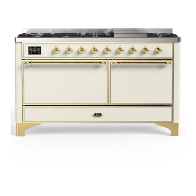 ILVE UM60FQNR3AWG Majestic III 60 inch Dual Fuel Range with 9 Burners and Griddle, Dual Function Burner up to 25,000 BTU (Natural Gas, Solid Door, Antique White, Brass)