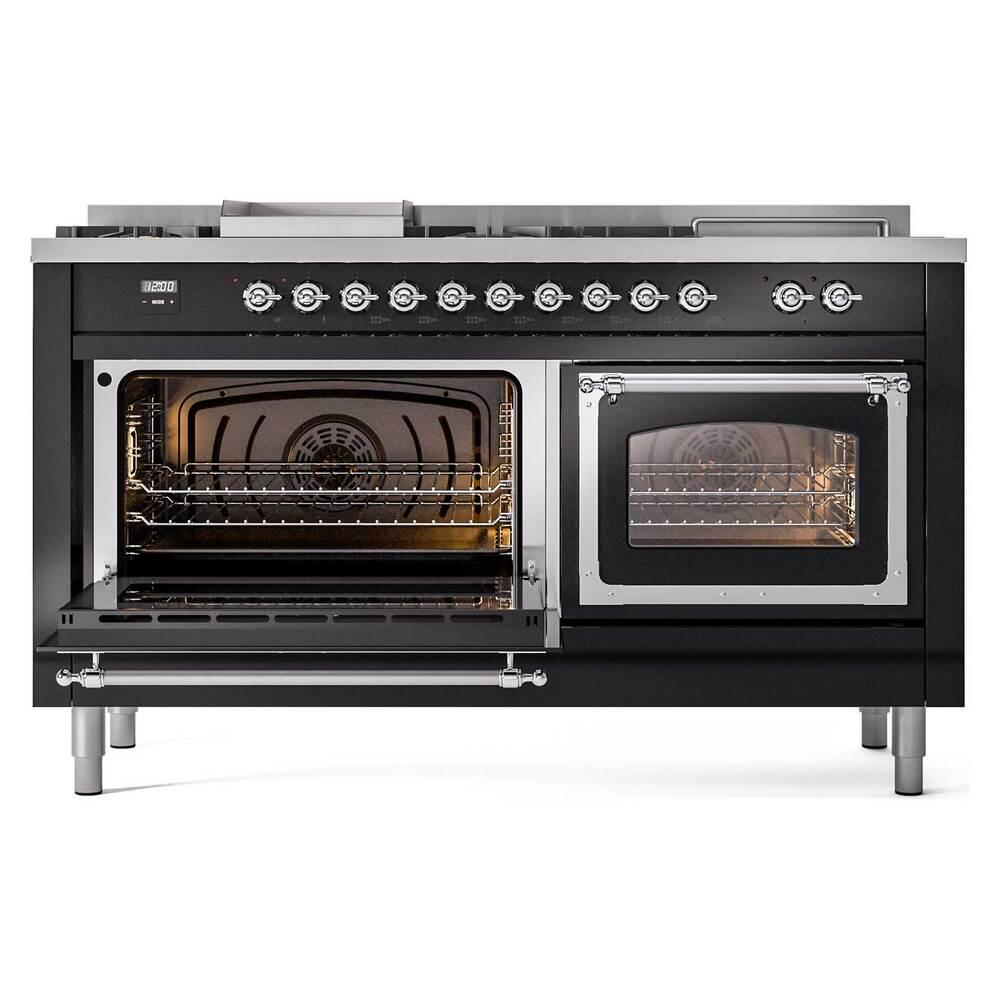 ILVE UN60FSNMPBKCLP Nostalgie II Noblesse 60 inch Dual Fuel Range (7 Sealed Burners + Griddle + French Top, Liquid Propane, Triple Glass Door, Glossy Black, Chrome)
