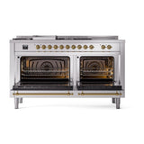 ILVE UN60FSNMPSSG Nostalgie II Noblesse 60 inch Dual Fuel Range (7 Sealed Burners + Griddle + French Top, Natural Gas, Triple Glass Door, Stainless Steel, Brass)