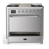 ILVE UM36FQNR3SSC Majestic III 36 inch Dual Fuel Range with 6 Black Brass Burners and Griddle, Dual Function Burner up to 25,000 BTU (Solid Door, Stainless Steel, Chrome, Natural Gas)
