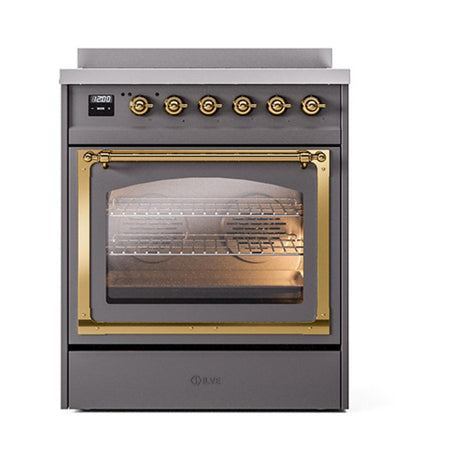 ILVE UNI304NMPMGG Nostalgie II Noblesse 30 inch Induction Range (Triple Glass Door, Graphite Matte, Brass)