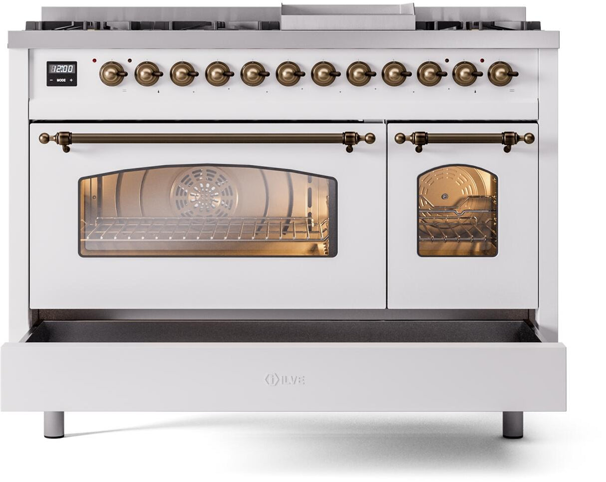 Nostalgie II 48 Inch Dual Fuel Liquid Propane Freestanding Range in White with Bronze Trim