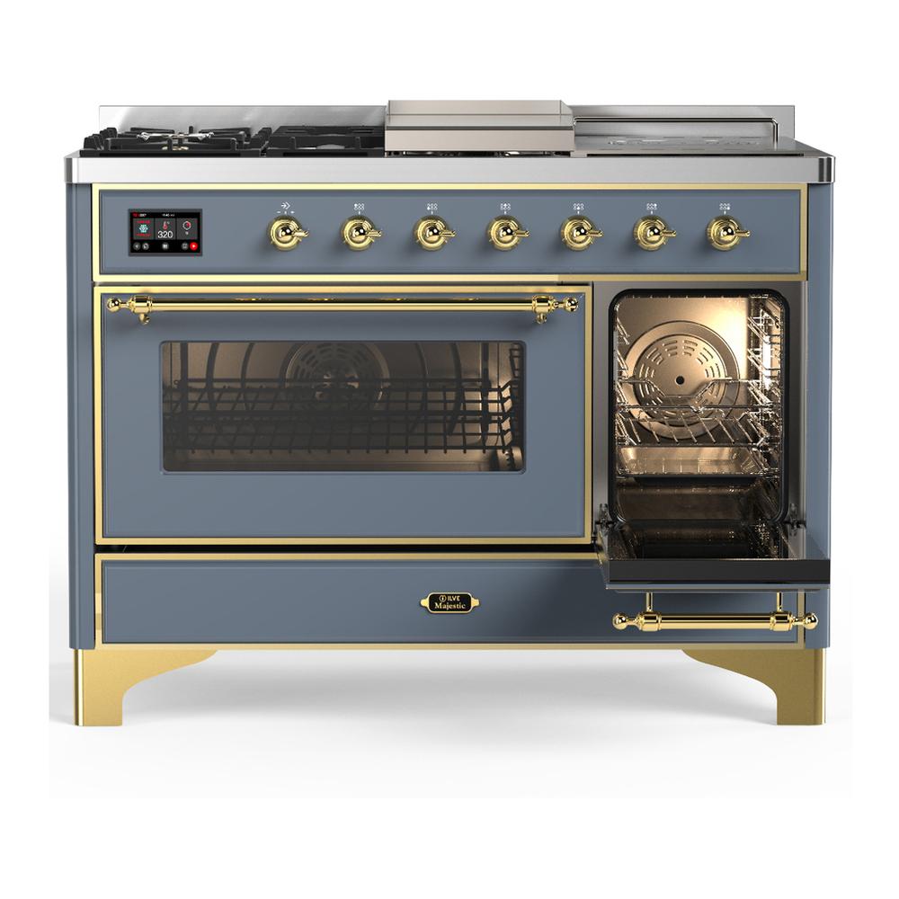 ILVE UM48FSNR3BGGLP Majestic III 48 inch Dual Fuel Range with 5 Black Brass Burners, Griddle and French Top, Dual Function Burner up to 25,000 BTU (Liquid Propane, Triple Glass Door, Blue Grey, Brass)