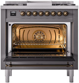 Nostalgie II 36 Inch Dual Fuel Natural Gas Freestanding Range in Matte Graphite with Bronze Trim
