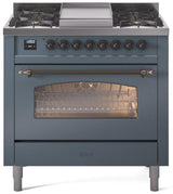 Nostalgie II 36 Inch Dual Fuel Natural Gas Freestanding Range in Blue Grey with Bronze Trim