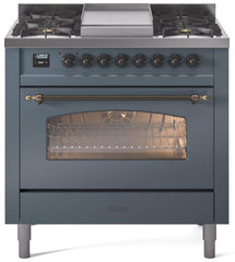 Nostalgie II 36 Inch Dual Fuel Natural Gas Freestanding Range in Blue Grey with Bronze Trim