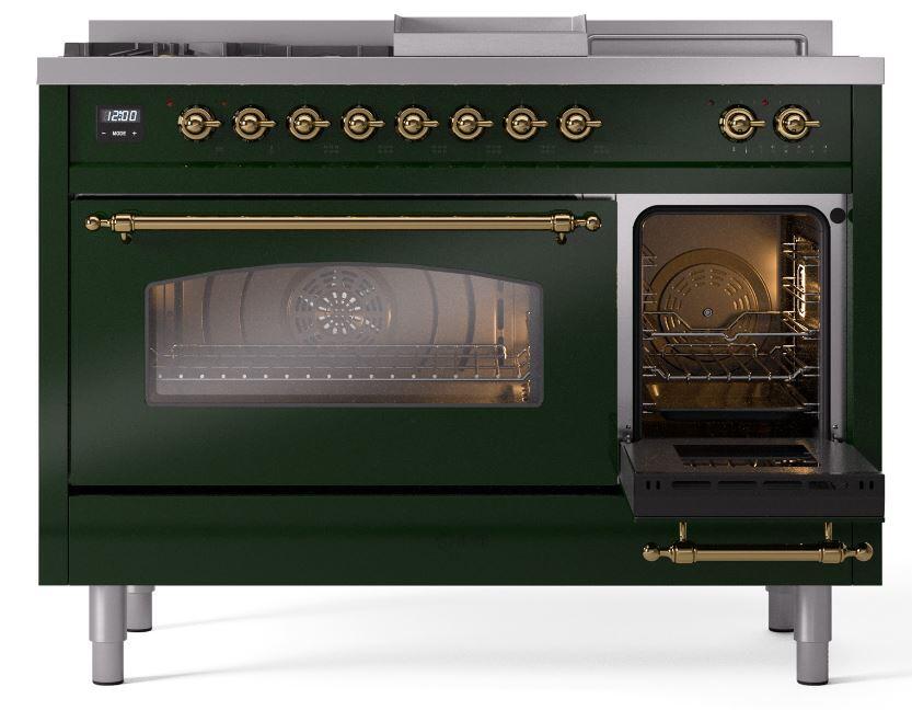 Nostalgie II 48 Inch Dual Fuel Liquid Propane Freestanding Range in Emerald Green with Brass Trim