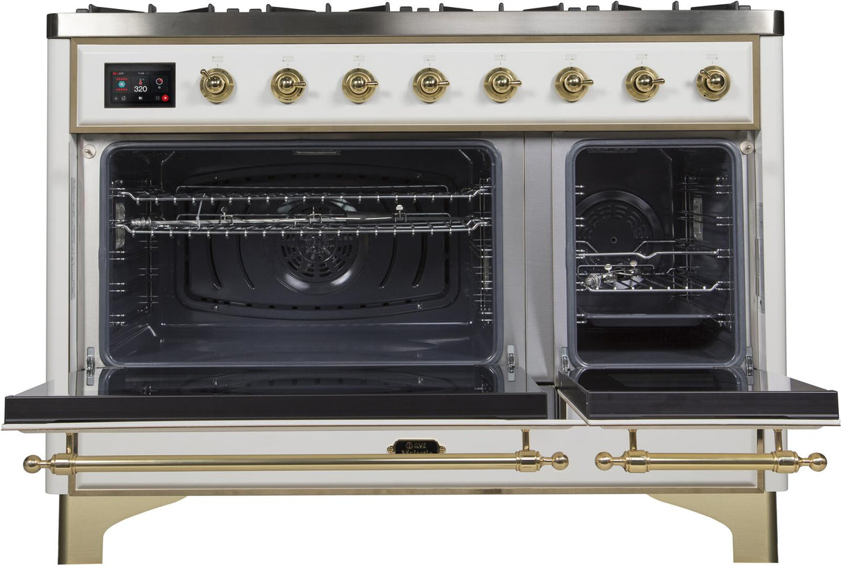 Majestic II 48 Inch Dual Fuel Natural Gas Freestanding Range in White with Brass Trim