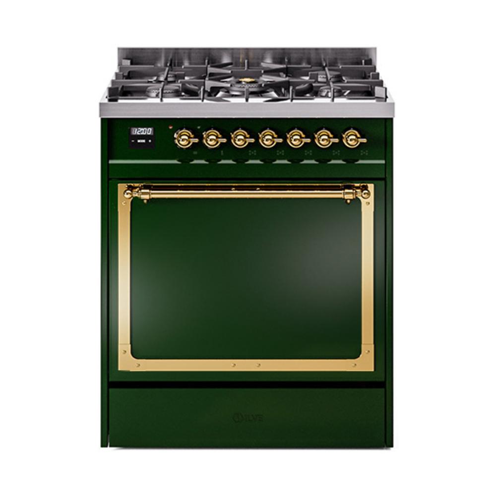 ILVE UN30QNMPEGGLP Nostalgie II Noblesse 30 inch Dual Fuel Range (Liquid Propane, Solid Door, Emerald Green, Brass)