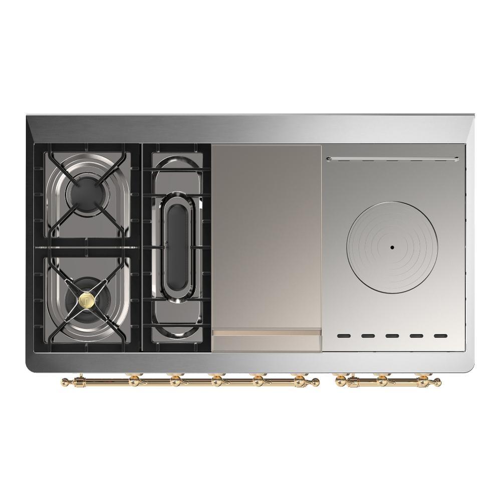 ILVE UM48FSQNR3BUG Majestic III 48 inch Dual Fuel Range with 5 Black Brass Burners, Griddle and French Top, Dual Function Burner up to 25,000 BTU (Natural Gas, Solid Door, Burgundy, Brass)