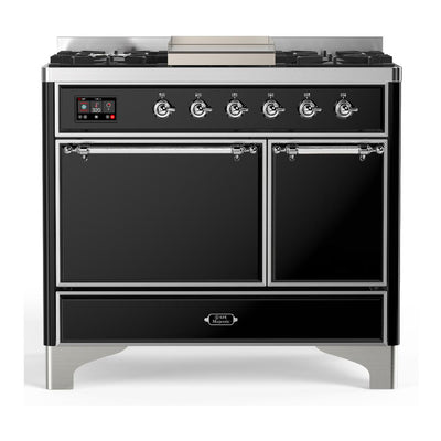 ILVE UMD40FQNR3BKC Majestic III 40 inch Dual Fuel Range with 6 Burners and Griddle, Dual Function Burner up to 25,000 BTU (Natural Gas, Solid Door, Glossy Black, Chrome)