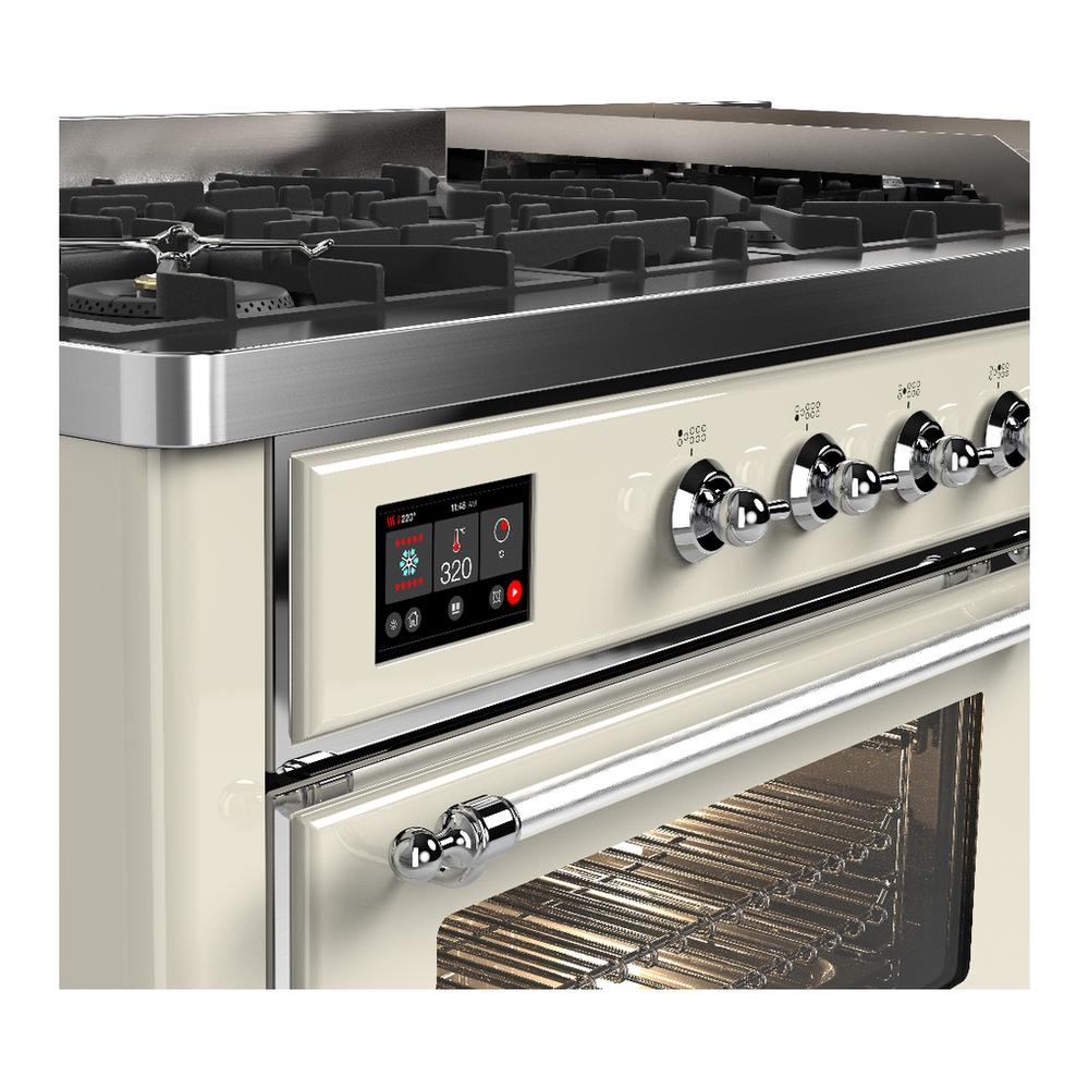 ILVE UM60FNR3AWC Majestic III 60 inch Dual Fuel Range with 9 Burners and Griddle, Dual Function Burner up to 25,000 BTU (Natural Gas, Triple Glass Door, Antique White, Chrome)