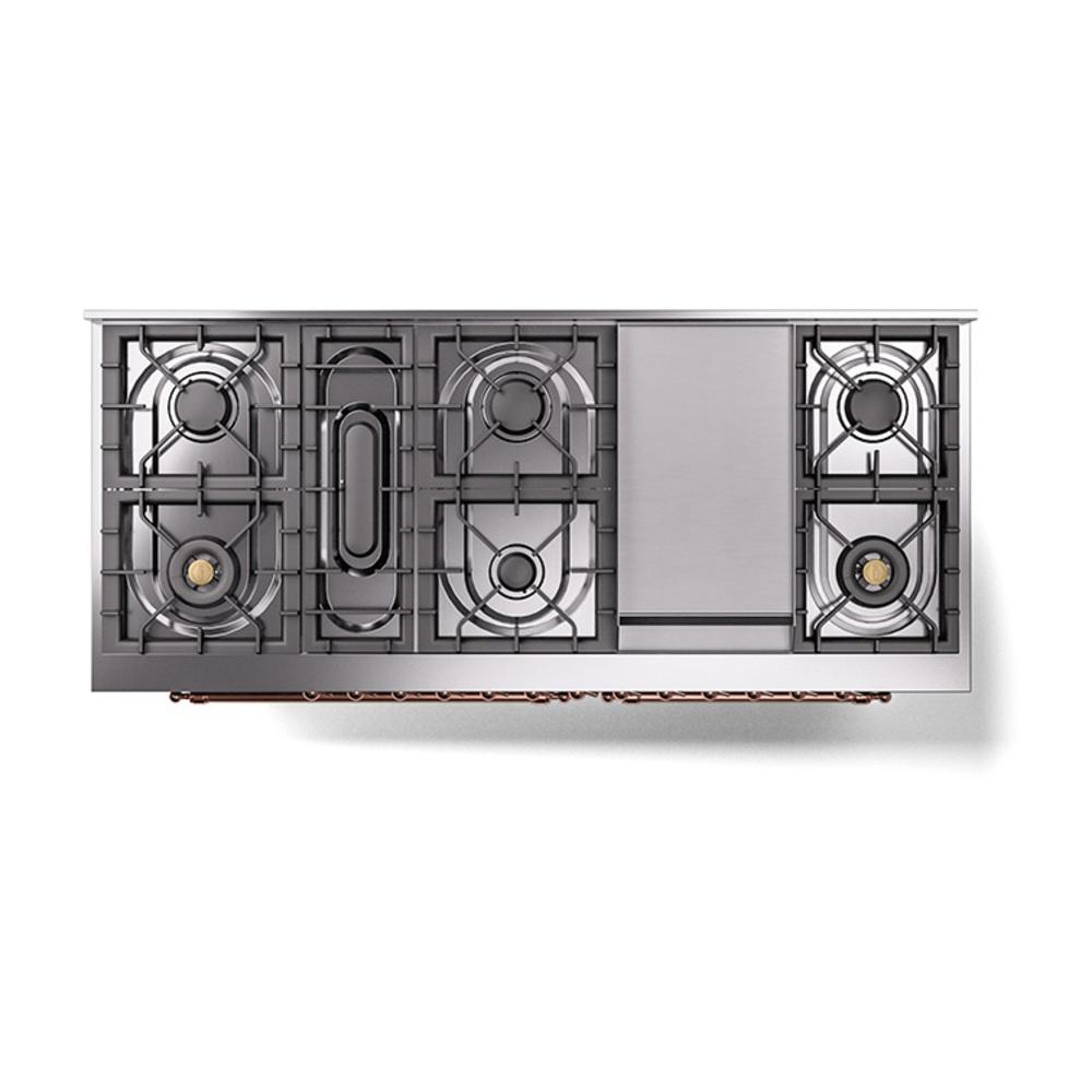 ILVE UN60FQNMPBGP Nostalgie II Noblesse 60 inch Dual Fuel Range (9 Sealed Burners + Griddle, Natural Gas, Solid Door, Blue Grey, Copper)
