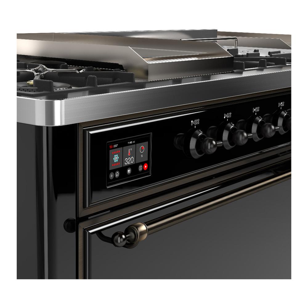 ILVE UM60FSQNR3BKB Majestic III 60 inch Dual Fuel Range with 7 Burners, Griddle and French Top, Dual Function Burner with up to 25,000 BTU (Natural Gas, Solid Door, Glossy Black, Burnished)