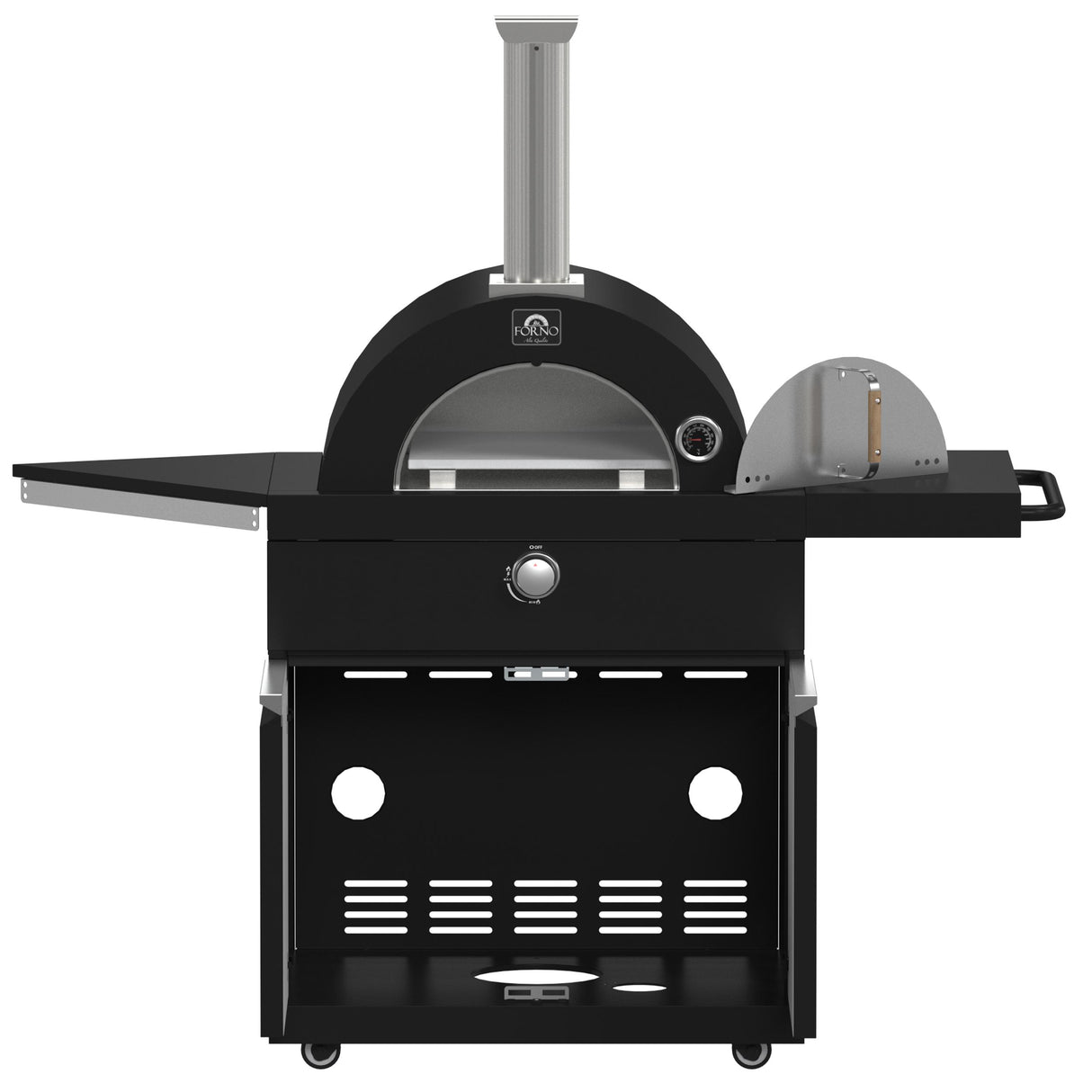 Forno All Aperto 87,600 BTU Outdoor Kitchen, 4 Burners, Infrared Burners, Side Burner, Black Sintered Stone Countertops, Gas Pizza Oven, Sink Module, Bar & Beverage Center