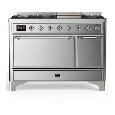 ILVE UM48FQNR3SSC Majestic III 48 inch Dual Fuel Range with 8 Burners and Griddle, Dual Function Burner up to 25,000 BTU (Natural Gas, Solid Door, Stainless Steel, Chrome)