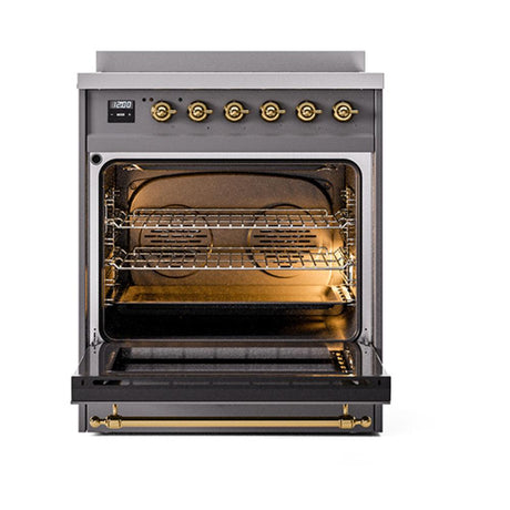 ILVE UNI304QNMPMGG Nostalgie II Noblesse 30 inch Induction Range (Solid Door, Graphite Matte, Brass)