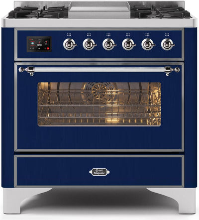 Majestic II 36 Inch Dual Fuel Natural Gas Freestanding Range in Blue with Chrome Trim