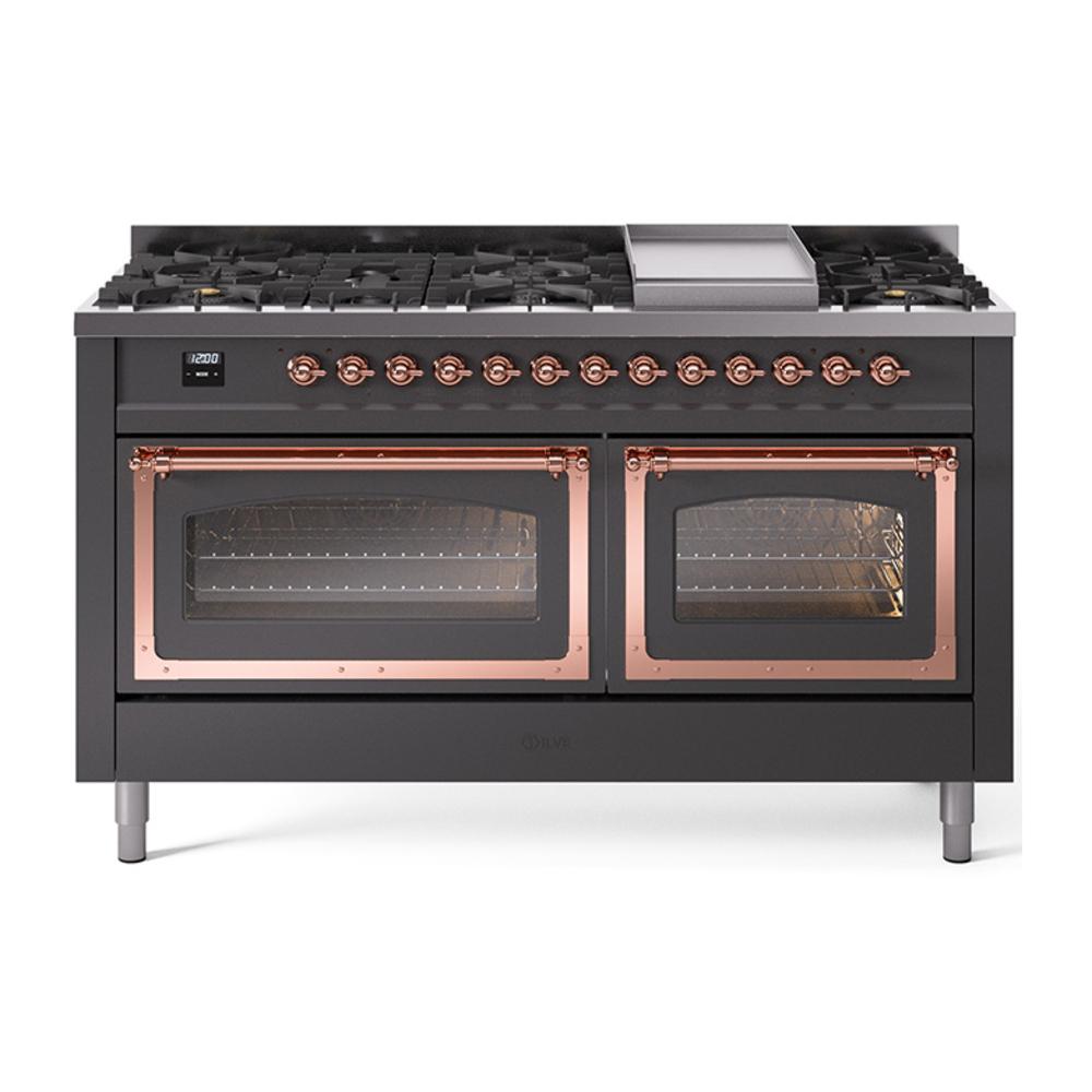 ILVE UN60FNMPMGPLP Nostalgie II Noblesse 60 inch Dual Fuel Range (9 Sealed Burners + Griddle, Liquid Propane, Triple Glass Door, Graphite Matte, Copper)
