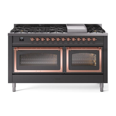 ILVE UN60FNMPMGPLP Nostalgie II Noblesse 60 inch Dual Fuel Range (9 Sealed Burners + Griddle, Liquid Propane, Triple Glass Door, Graphite Matte, Copper)