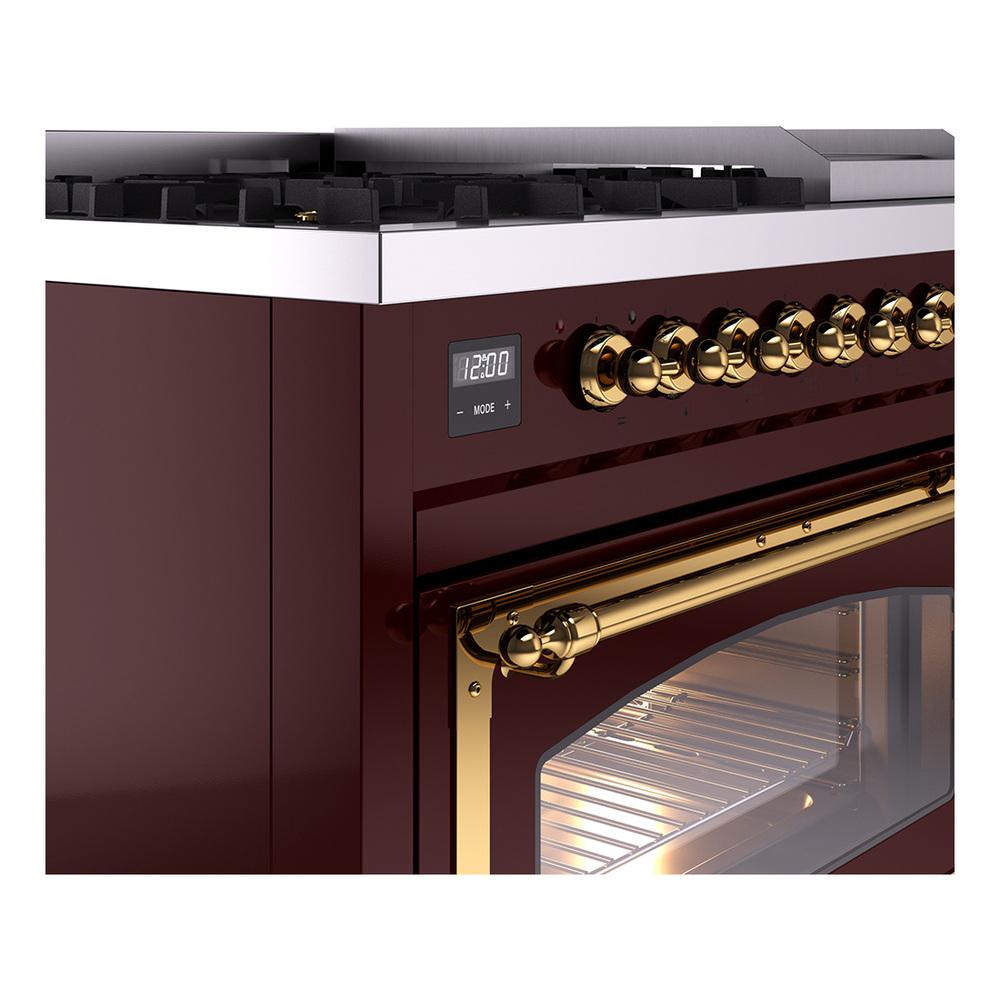 ILVE UN48FNMPBUG Nostalgie II Noblesse 48 inch Dual Fuel Range (8 Sealed Burners + Griddle, Natural Gas, Triple Glass Door, Burgundy, Brass)