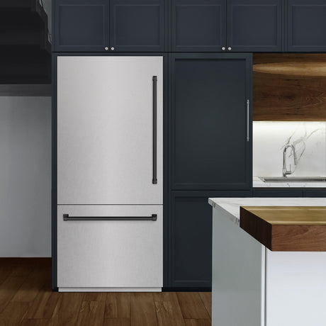 ZLINE Autograph Edition 36 in. 19.8 cu. ft. Built-In Bottom Freezer Refrigerator with Water Dispenser and Ice Maker in DuraSnow' Stainless Steel with Graphite Gray Interior and Matte Black Accents (GRBITZ-SN-36-MB)