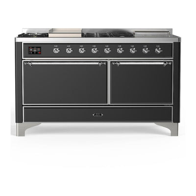 ILVE UM60FSQNR3MGC Majestic III 60 inch Dual Fuel Range with 7 Burners, Griddle and French Top, Dual Function Burner with up to 25,000 BTU (Natural Gas, Solid Door, Graphite Matte, Chrome)