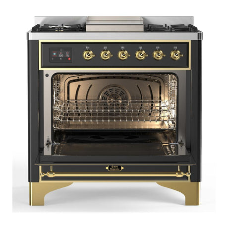 ILVE UM36FQNR3MGG Majestic III 36 inch Dual Fuel Range with 6 Black Brass Burners and Griddle, Dual Function Burner up to 25,000 BTU (Solid Door, Graphite Matte, Brass, Natural Gas)