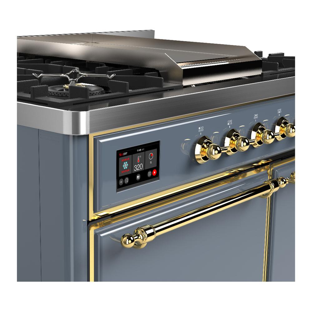 ILVE UMD40FQNR3BGGLP Majestic III 40 inch Dual Fuel Range with 6 Burners and Griddle, Dual Function Burner up to 25,000 BTU (Liquid Propane, Solid Door, Blue Grey, Brass)