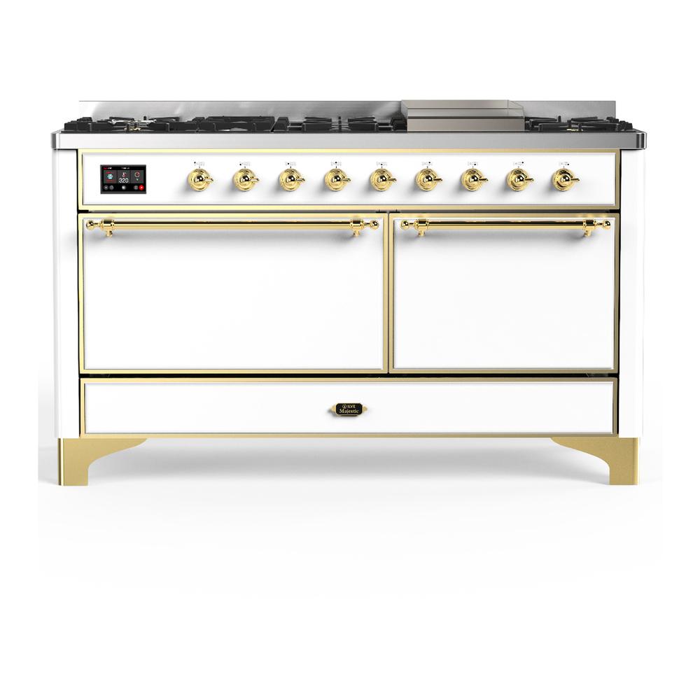 ILVE UM60FQNR3WHG Majestic III 60 inch Dual Fuel Range with 9 Burners and Griddle, Dual Function Burner up to 25,000 BTU (Natural Gas, Solid Door, White, Brass)