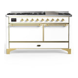ILVE UM60FQNR3WHG Majestic III 60 inch Dual Fuel Range with 9 Burners and Griddle, Dual Function Burner up to 25,000 BTU (Natural Gas, Solid Door, White, Brass)