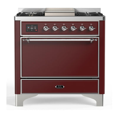 ILVE UM36FQNR3BUC Majestic III 36 inch Dual Fuel Range with 6 Black Brass Burners and Griddle, Dual Function Burner up to 25,000 BTU (Solid Door, Burgundy, Chrome, Natural Gas)
