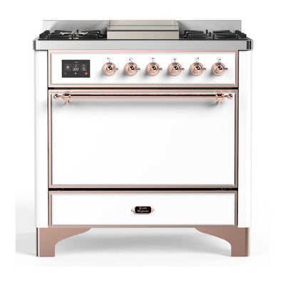 ILVE UM36FQNR3WHPLP Majestic III 36 inch Dual Fuel Range with 6 Black Brass Burners and Griddle, Dual Function Burner up to 25,000 BTU (Solid Door, White, Copper, Liquid Propane)