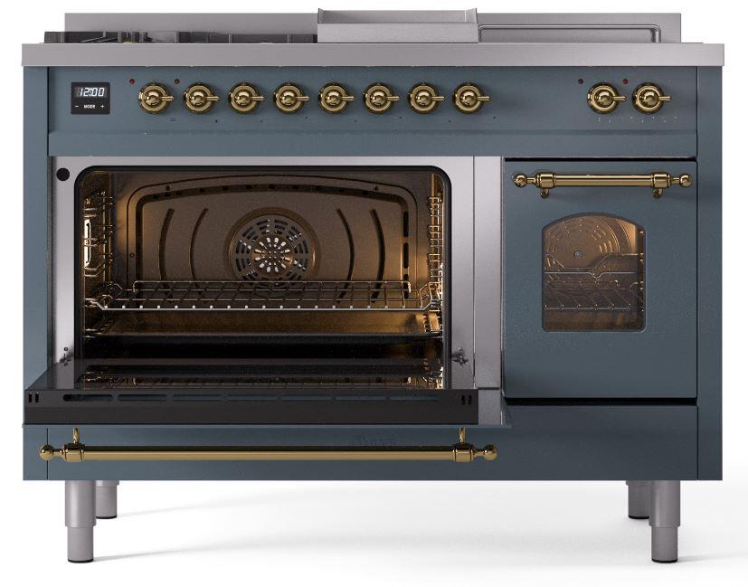 Nostalgie II 48 Inch Dual Fuel Natural Gas Freestanding Range in Blue Grey with Brass Trim