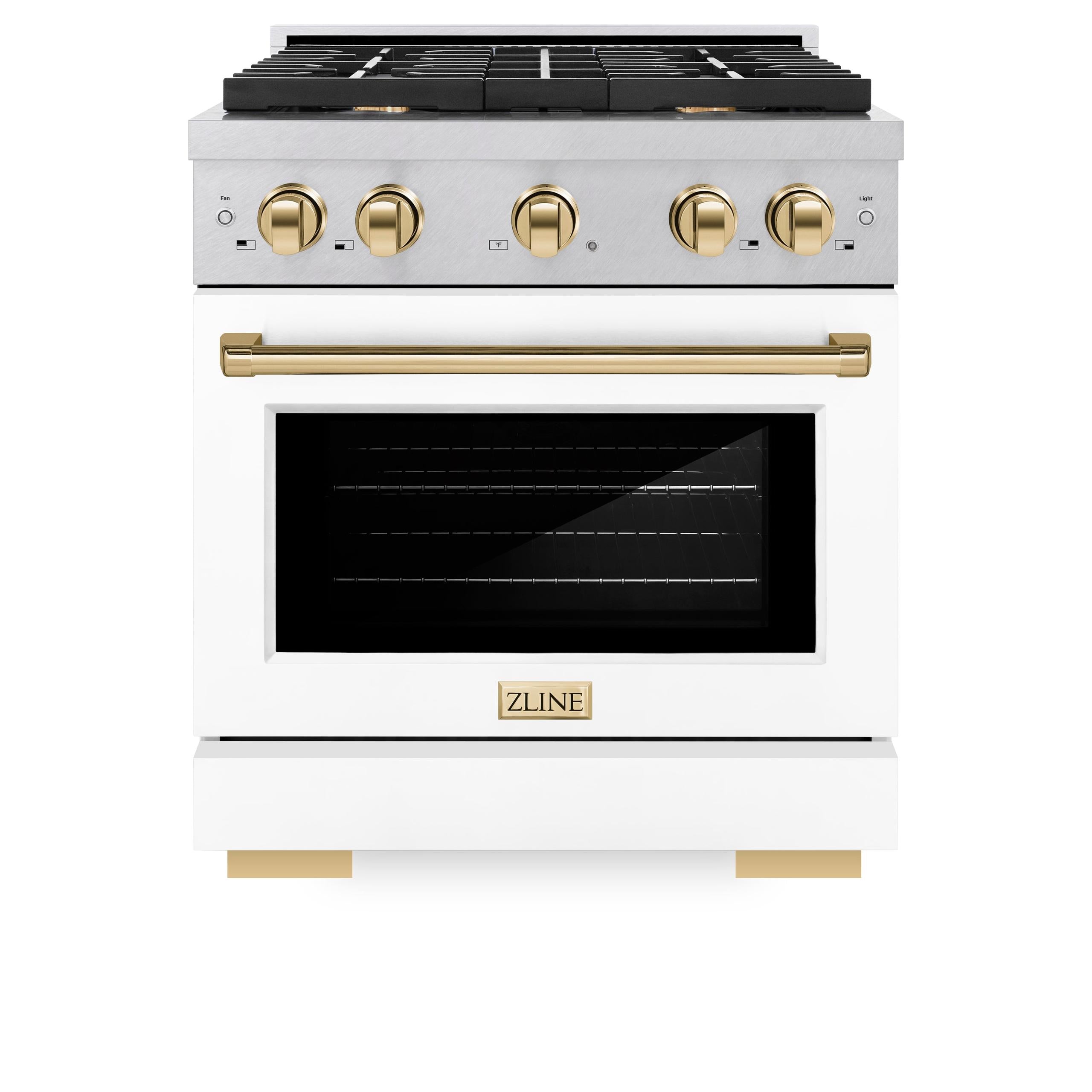 ZLINE Autograph Edition 30 in. 4.2 cu. ft. 4 Burner Gas Range with Convection Gas Oven in DuraSnow' Stainless Steel with White Matte Door and Polished Gold Accents (SGRSZ-WM-30-G)