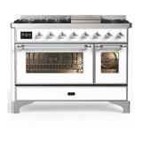 ILVE UM48FNR3WHCLP Majestic III 48 inch Dual Fuel Range with 8 Burners and Griddle, Dual Function Burner up to 25,000 BTU (Liquid Propane, Triple Glass Door, White, Chrome)