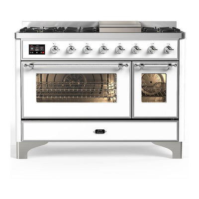 ILVE UM48FNR3WHCLP Majestic III 48 inch Dual Fuel Range with 8 Burners and Griddle, Dual Function Burner up to 25,000 BTU (Liquid Propane, Triple Glass Door, White, Chrome)