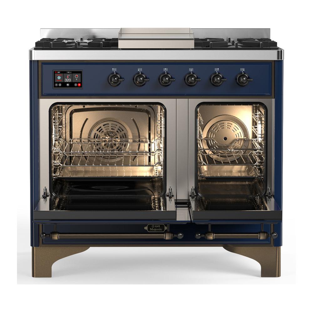 ILVE UMD40FQNR3MBB Majestic III 40 inch Dual Fuel Range with 6 Burners and Griddle, Dual Function Burner up to 25,000 BTU (Natural Gas, Solid Door, Midnight Blue, Burnished)