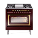 ILVE UN36FNMPBUG Nostalgie II Noblesse 36 inch Dual Fuel Range (Natural Gas, Triple Glass Door, Burgundy, Brass)